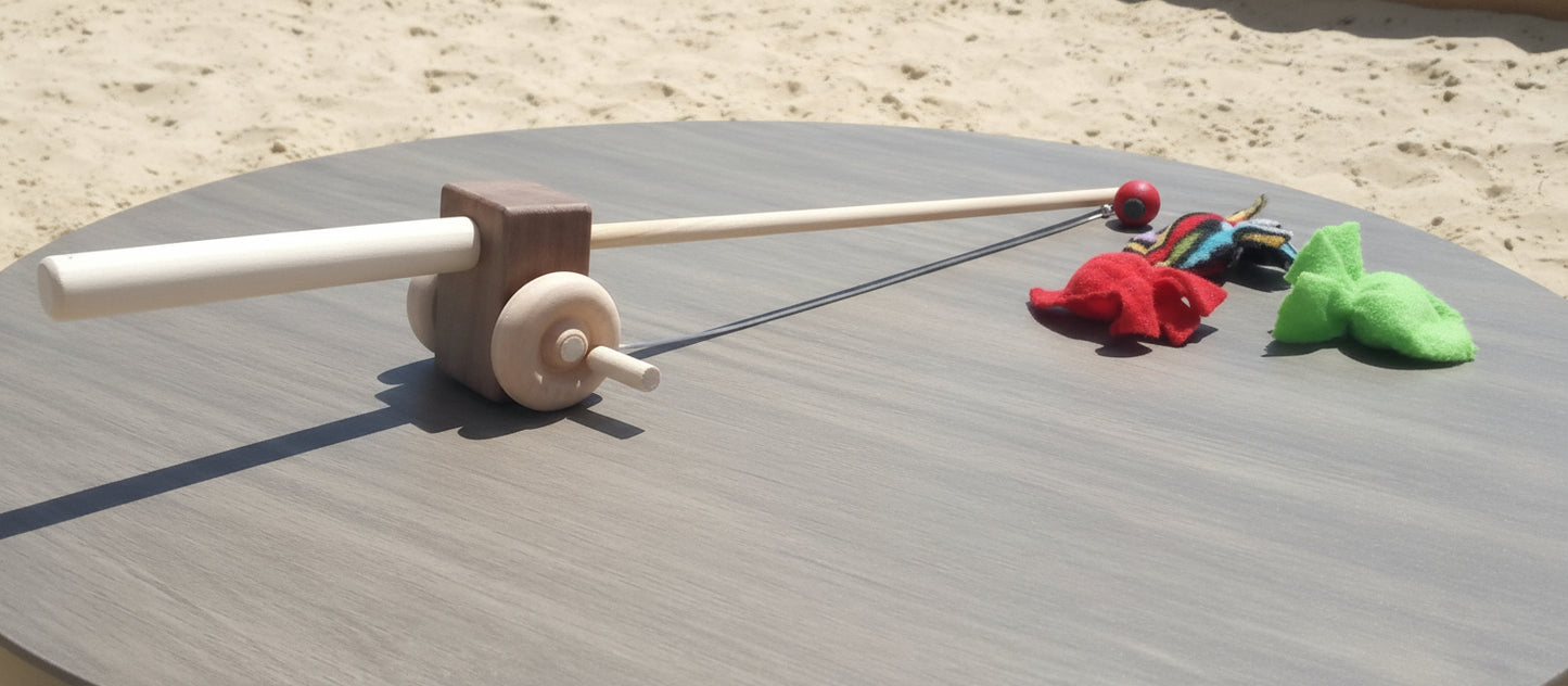 Walnut Toy Fishing Pole with Hook and 3 Fish