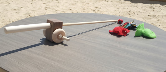 Walnut Toy Fishing Pole with Hook and 3 Fish