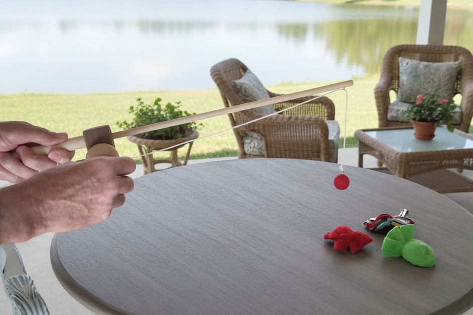 Person using a slingshot with a brick wall and table in the background