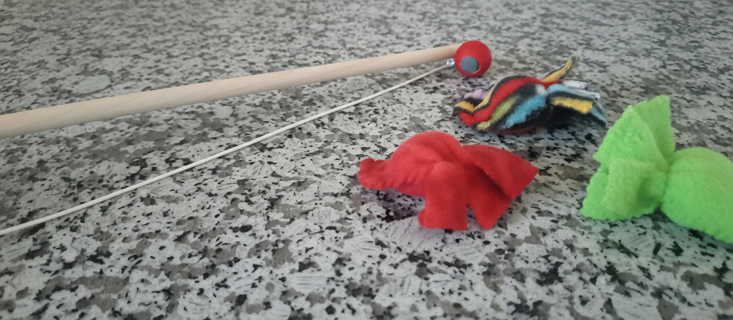 Walnut Toy Fishing Pole with Hook and 3 Fish