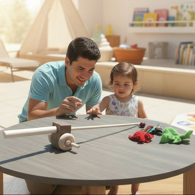 Wooden top on a wooden surface with sand in the background