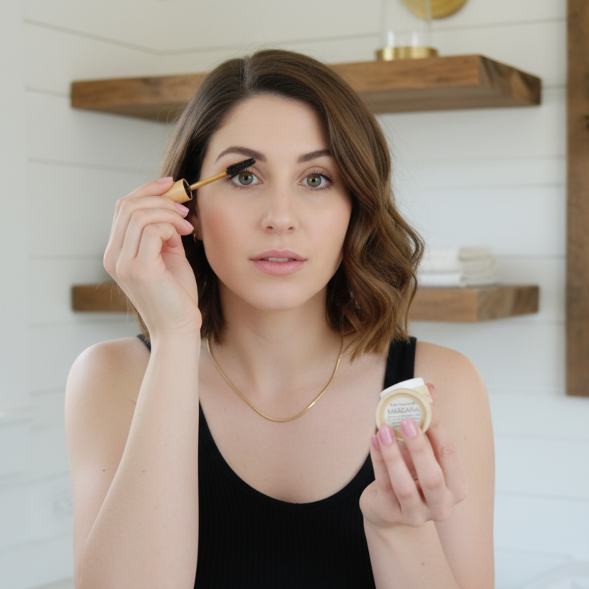 Woman applying vegan black no-waste mascara
