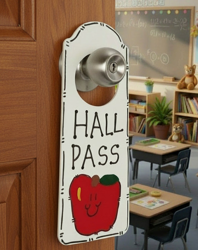 Hall pass with a red apple design held by a hand against a neutral background