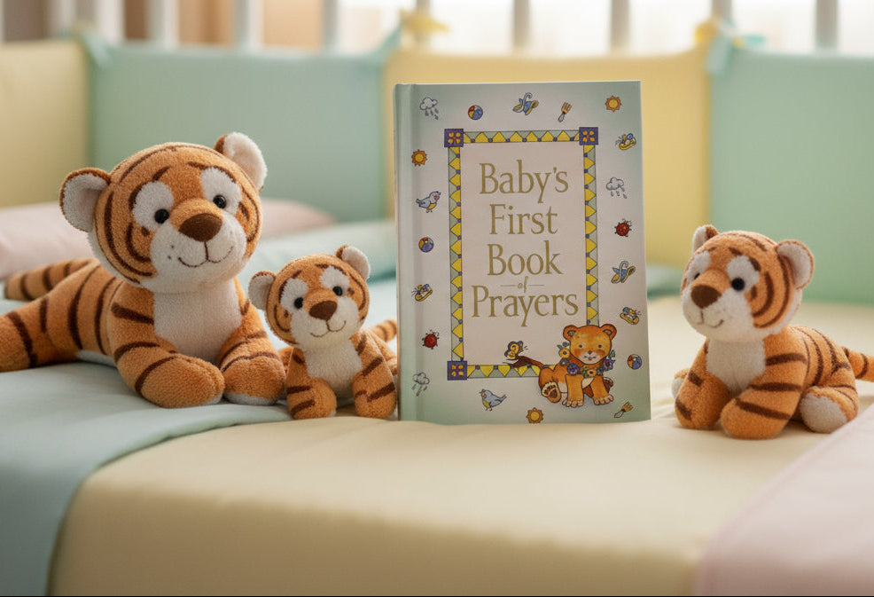 Baby's First Book of Prayers on a woven surface