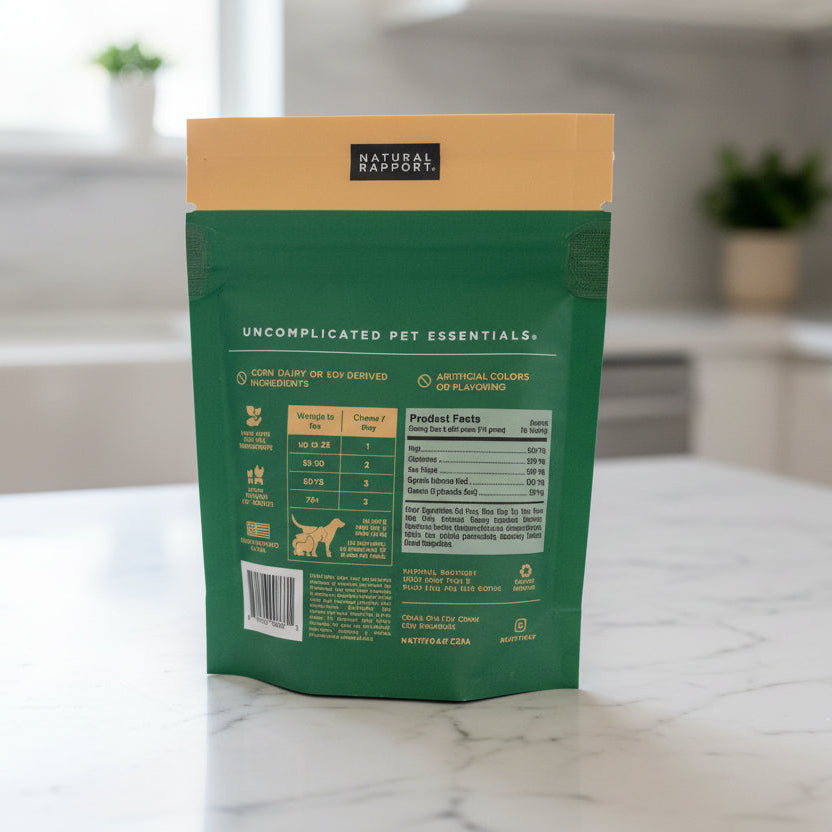 Green package with text and a label on a marble surface