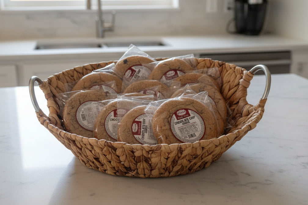 Basket of bread with plastic wrap on a stone surface
