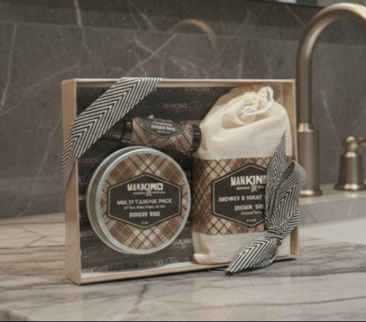 Mankind Bourbon Wood Gift Set on bathroom counter