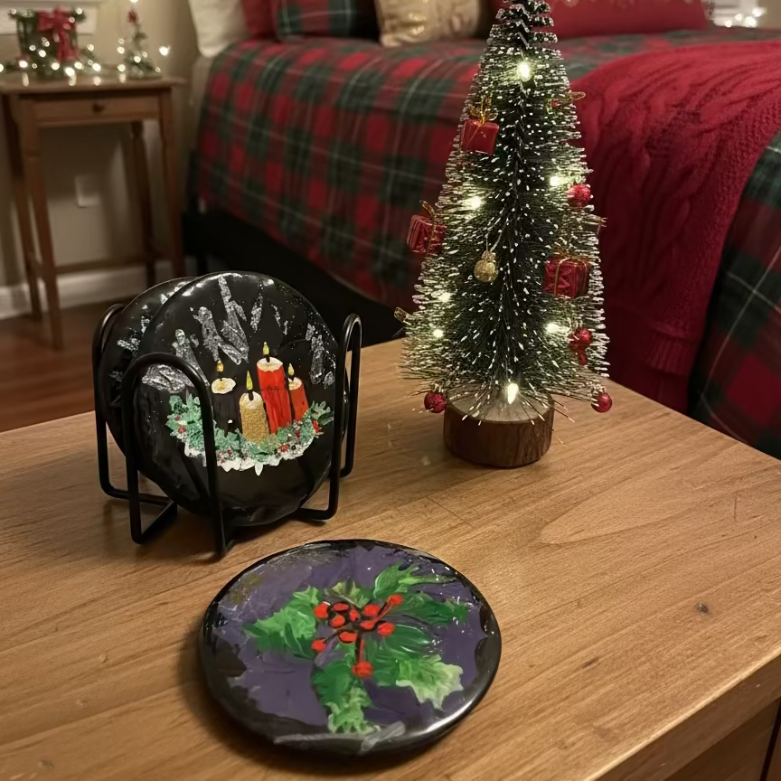 Decorative coasters with Christmas designs on a white surface