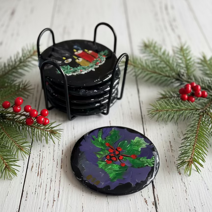 Christmas Holiday Hand-Painted Coaster Set of 6 & tray