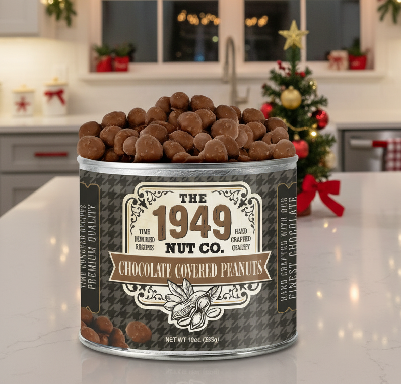 Canister of chocolate-covered peanuts from The 1949 Nut Co. on a white background