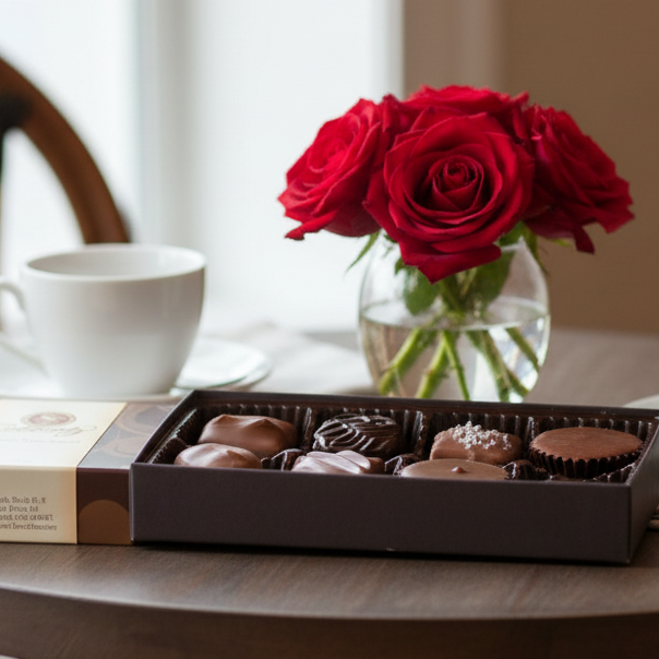 Table setting with chocolate truffles, red roses, and white cups.
