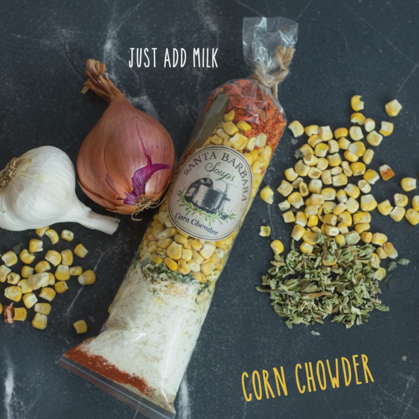 Corn chowder mix with ingredients on a dark surface, featuring a brand label.