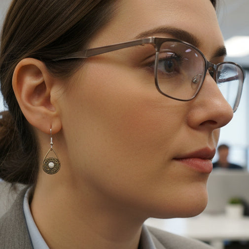 Close-up of a person's ear with an earring, wearing a white shirt and pink pants.