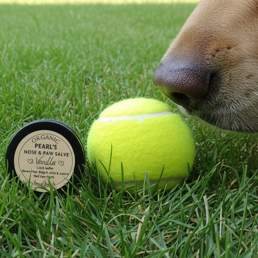 Dog playing with a tennis ball on grass next to a product labeled 'Pearl's Nose & Paw Salve'.
