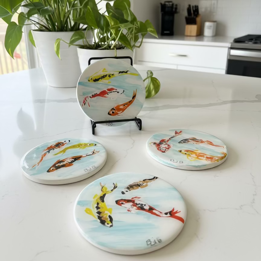 Koi Fish Hand-Painted Coaster Set with Tray