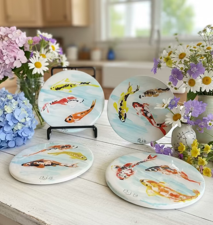 Set of four ceramic plates with hand-painted koi fish designs on a white background.