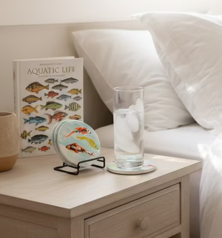 Koi Fish Hand-Painted Coaster Set with Tray