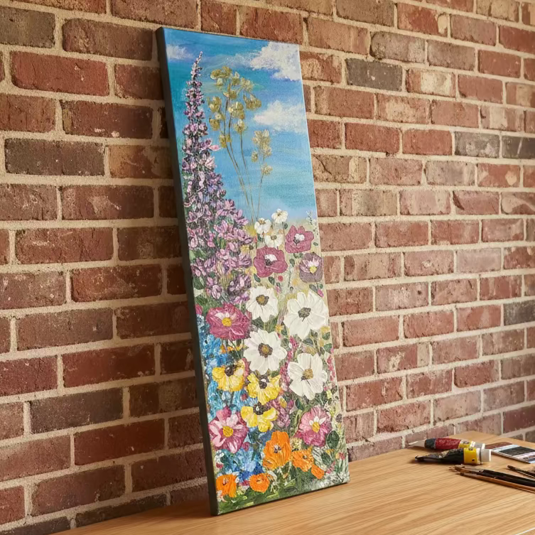 floral acrylic painting in a studio