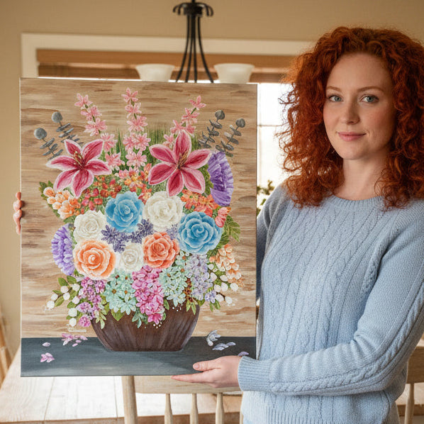 Woman holding a painting of a colorful floral arrangement outdoors.