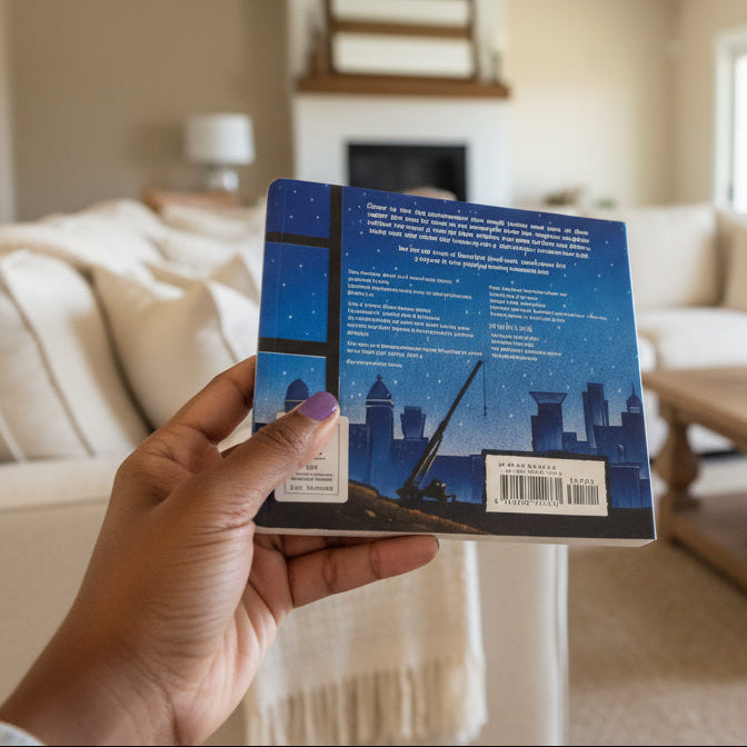 Hand holding a book with a blue cover against a wooden surface