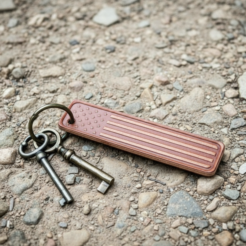 American flag leather patch on a wooden surface with vintage keys.