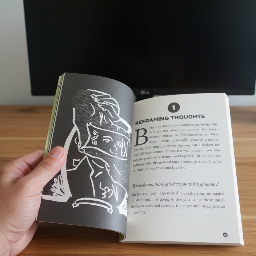 Person holding an open book with a black and white illustration on a wooden table.