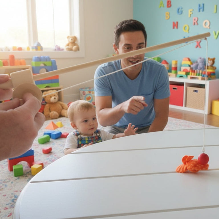 Colorful toy fish on a table with a brick wall background