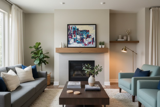 Abstract painting on a wooden easel with an American flag in the background