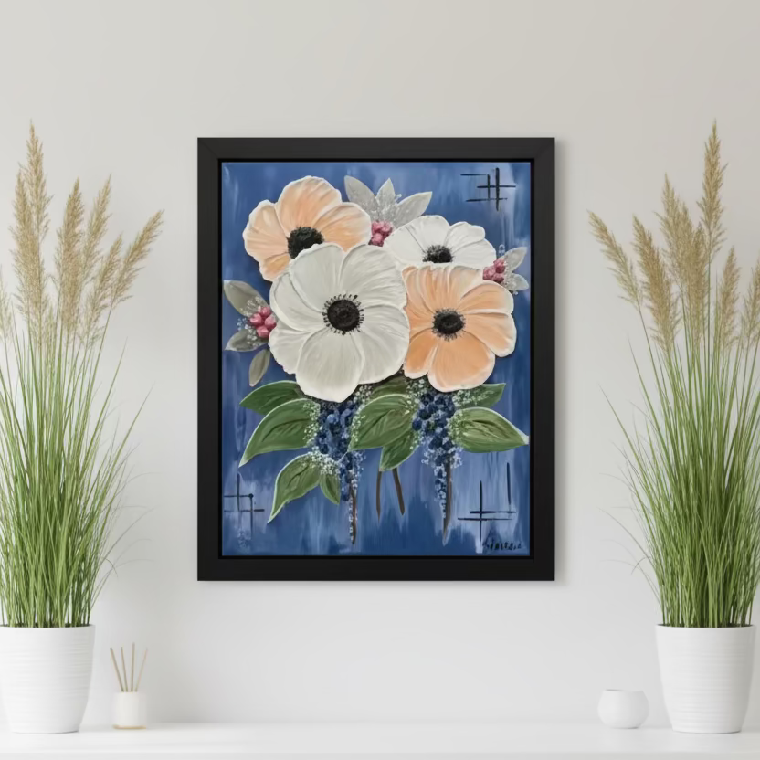 Framed artwork of flowers on a blue background
