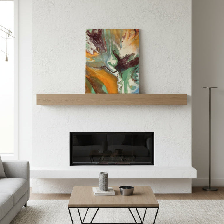 Modern living room with a fireplace, abstract painting, and coffee table.