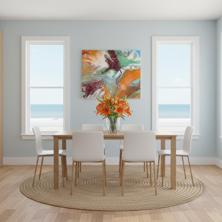 Modern kitchen with dining area featuring a table and chairs, and a colorful abstract painting on the wall.