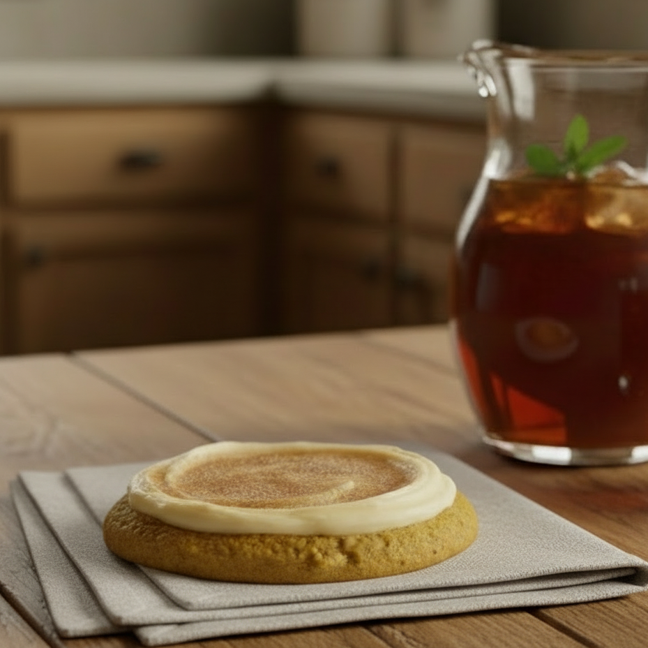 Tea set with a glass of iced tea and a plate of cookies on a wooden table in a kitchen.