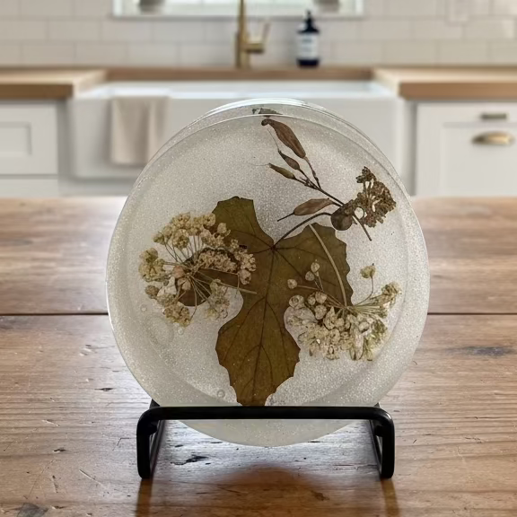 Decorative glass coaster with floral design on a stand next to a glass of water on a white appliance.