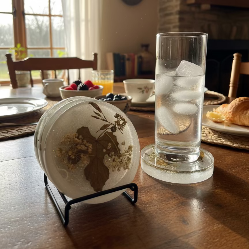 Sparkle and Nature Leaf Coaster Set with Black Metal Tray