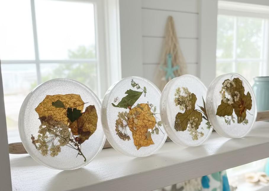 Four round decorative items with natural designs on a shelf in a bright room.