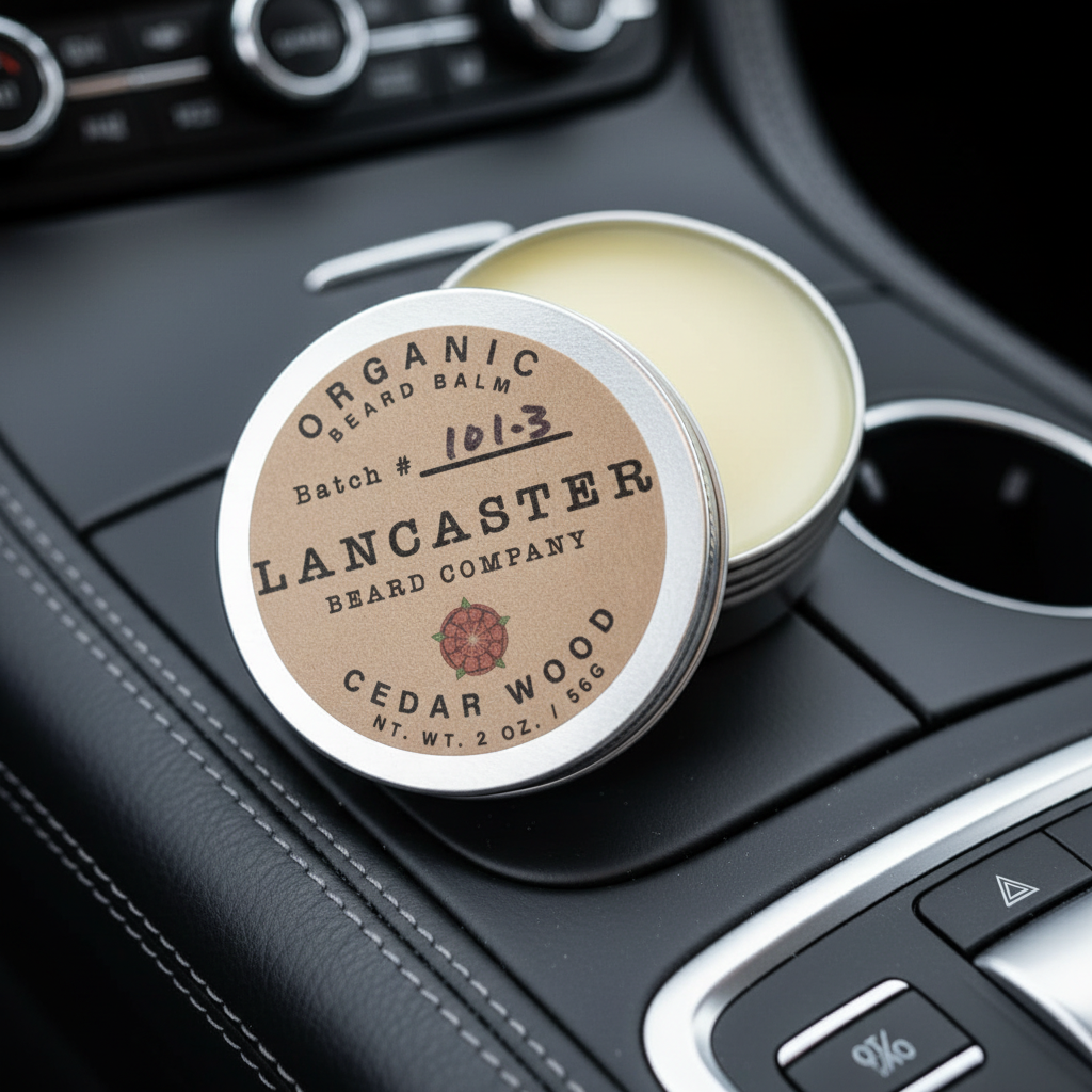 Lancaster Beard Company organic beard balm tin on a wooden surface