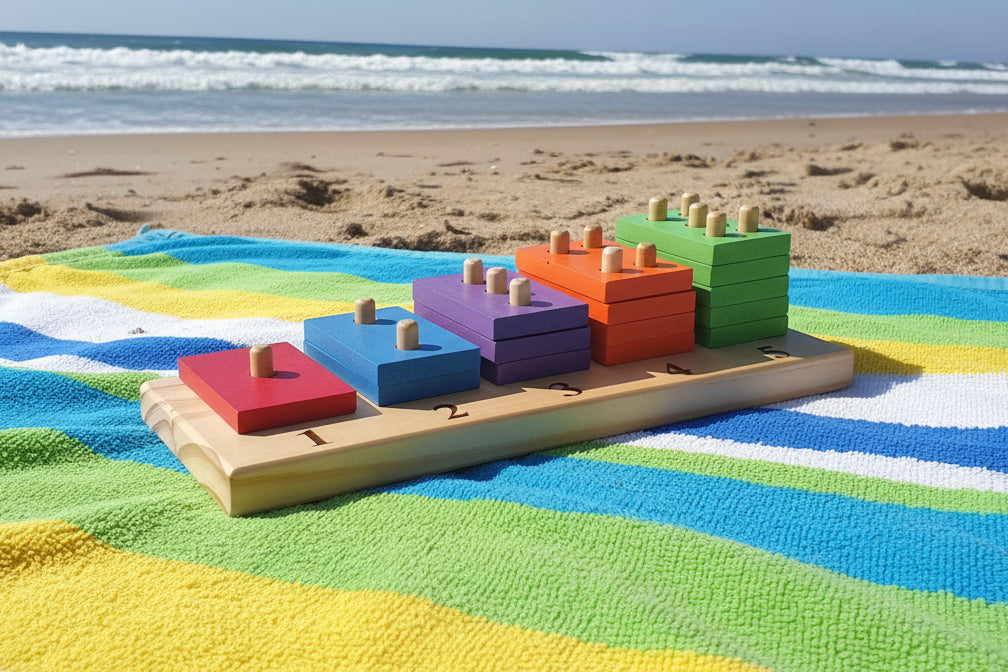 Colorful wooden counting toy on a blanket on the beach 