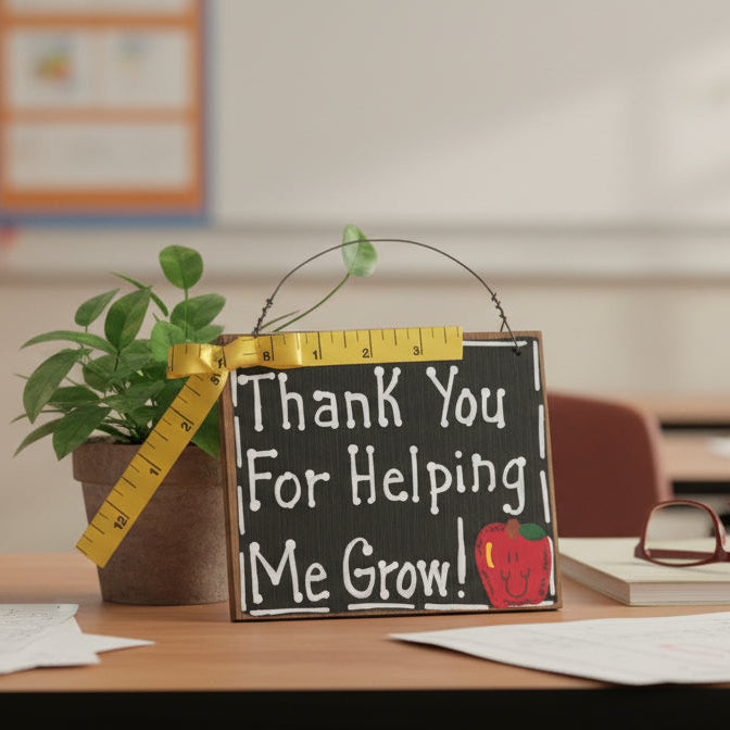 Decorative sign with 'Thank You For Helping Me Grow!' text and a measuring tape, on a white background.