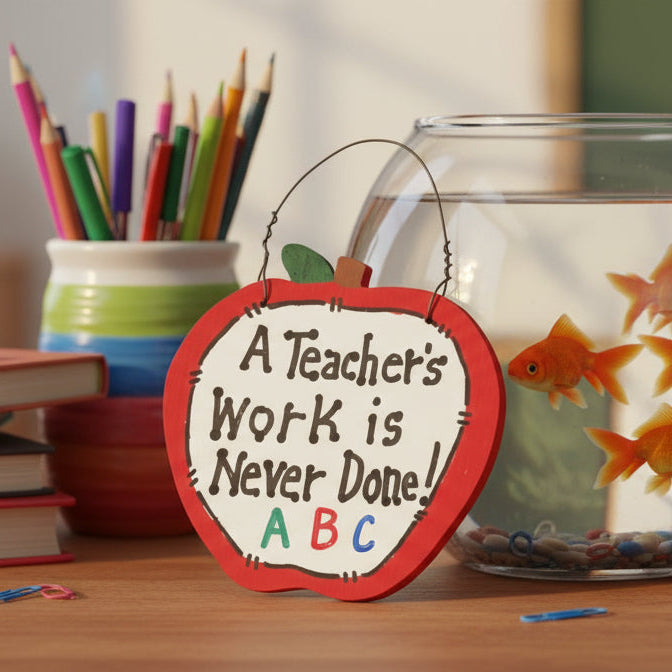 Decorative apple ornament with text held by a hand against a white background
