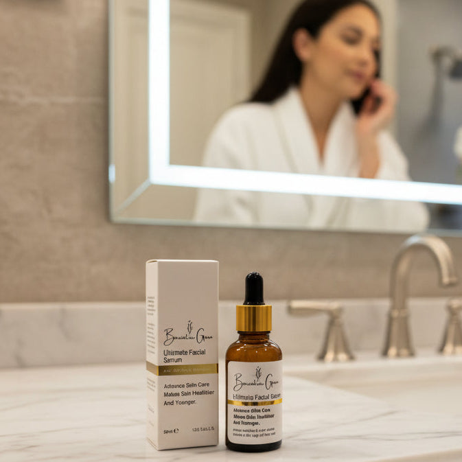Cosmetic bottle and box on a bathroom counter with a mirror reflecting a person.